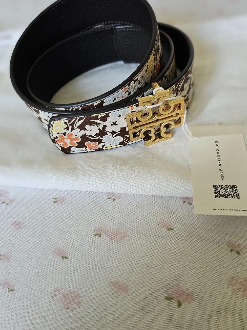 Tory Burch Reversible Logo Belt-chocolate with floral patterned